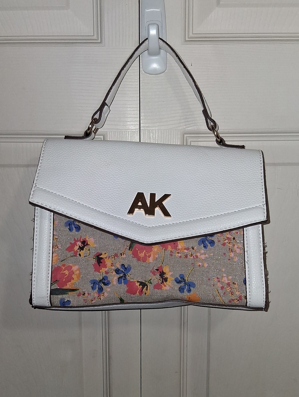 Anne Klein White Top-Handle Satchel - Floral Panel - Faux Leather
